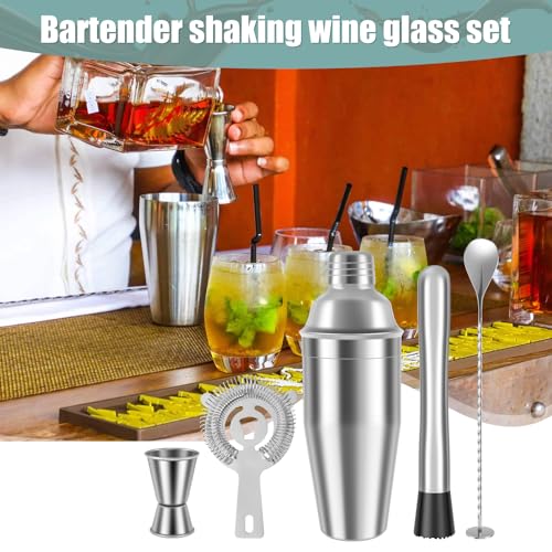 5Pcs Cocktail Shaker Kit Stainless Steel Shaker Set with 18Oz Shaker Reusable Cleaning Shaker Cocktail Making Set Ice Stra...