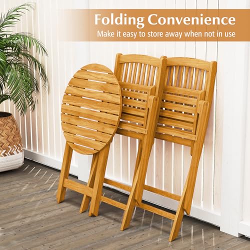 Tangkula 3 Pieces Acacia Wood Patio Folding Bistro Set, Outdoor Table and Chairs Set with Soft Cushions, Patio Furniture S...