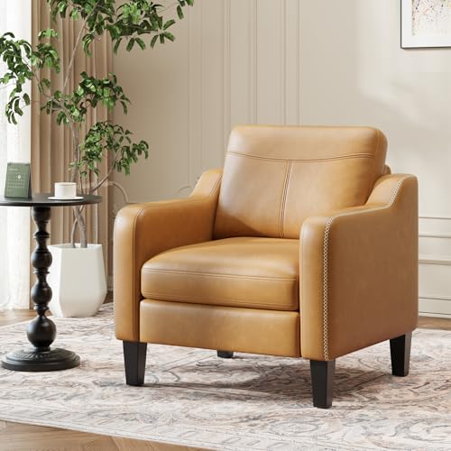 MALOL PU Leather Accent Chair Set of 2, Mid-Century Modern Living Room Armchair Sofa with Removable Cushions, Solid Wood F...