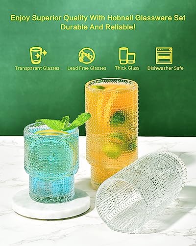 ISMASOAN Hobnail Drinking Glasses Set of 12, Stackable Glasses 12 oz and 7 oz, Bubble Glasses Drinking, Vintage Glassware,...