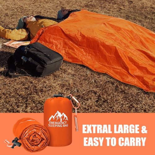 Oudain 6 Pcs XL Emergency Sleeping Bag 94.5" x 49.2" Waterproof Survival Sleeping Bag with Whistle Carabiner Portable Ther...