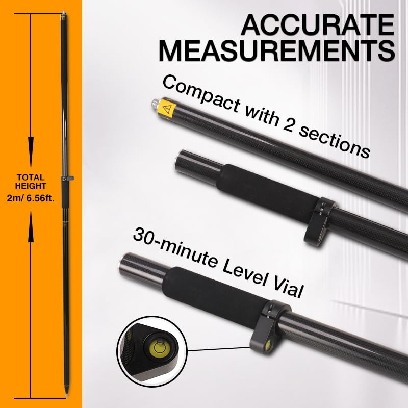 DMITER 6.56 FT/2 M Carbon Fiber GPS Pole, 2 Section Surveying Rod with 5/8” Adapter and 20-Minute Level Vials for Land Sur...