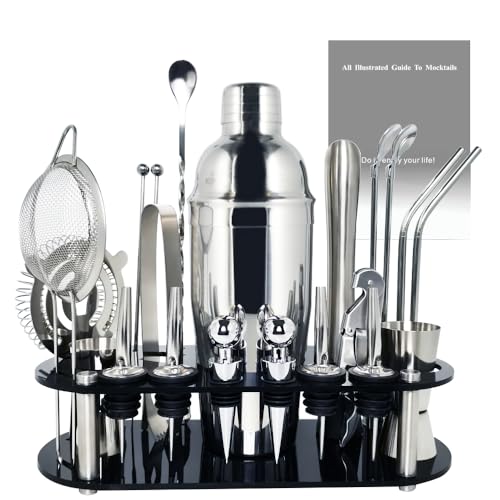 Cocktail Shaker Set, 24oz Cocktail Shaker 21-Piece Stainless Steel Bar Tools Bartending Kit with Black Acrylic Stand Cockt...