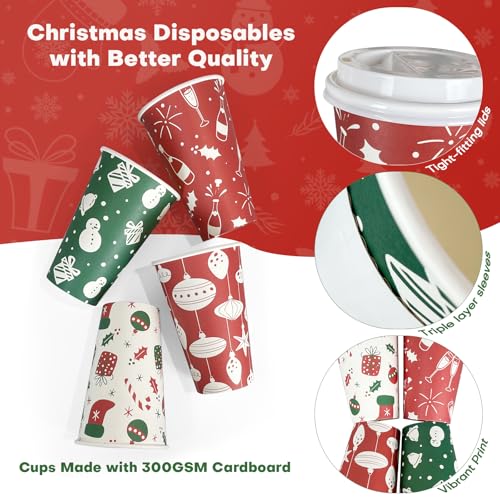 FUNPAK Christmas To Go Coffee Cups with Lids 16 oz Insulated Cups, 100 Packs Hot Cup for Chocolate/Coffee/Tea/Water/Juice,...
