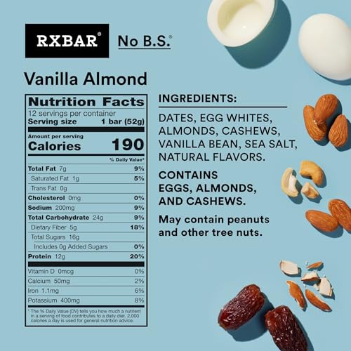 RXBAR Protein Bars, Protein Snack, Snack Bars, Vanilla Almond, 22oz Box (12 Count)