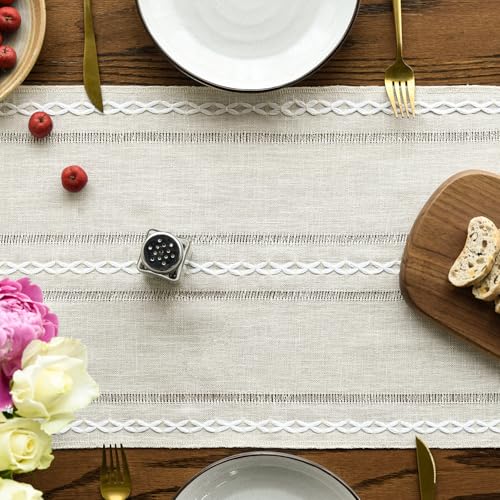 Artoid Mode Beige Rustic Cotton Linen Table Runner, Seasonal Embroidered Hollow Kitchen Dining Table Decoration for Home P...