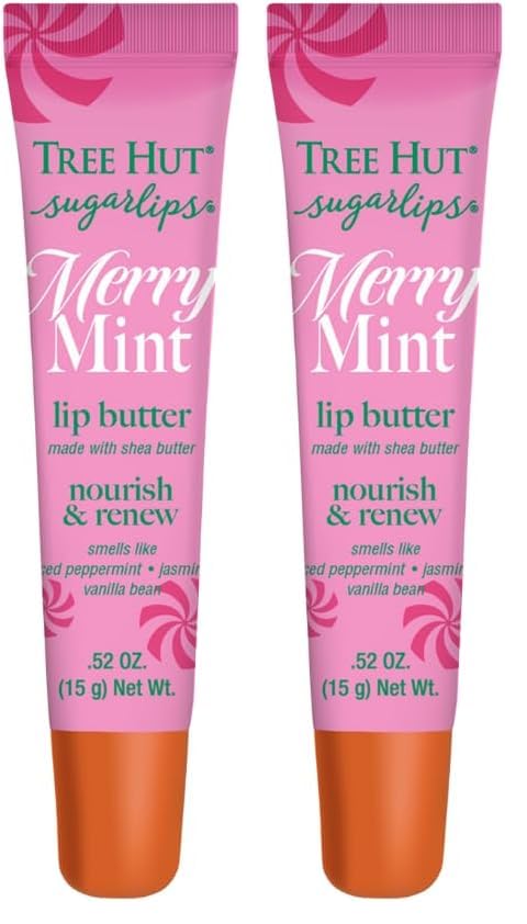 Tree Hut Sugarlips Merry Mint Lip Butter, Moisturizing Lip Care for Full, Soft Lips, Essential Hydration, Holiday Gift & Stocking Stuffer, 0.52 fl oz (Pack of 2)