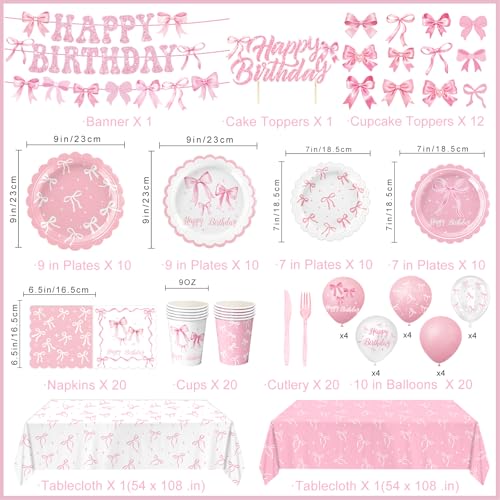 Pink Bow Birthday Decorations Include Plates, Napkins, Cups, Cutlery, Banner, Hanging Swirls, Cake & Cupcake Toppers, Ball...