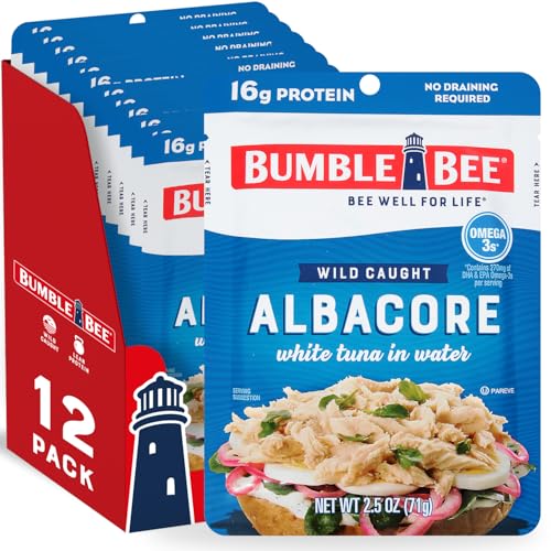 Bumble Bee Chunk White Albacore Tuna in Water, 2.5 oz Pouches (Pack of 12) - Ready to Eat Wild Caught Tuna Packet - 16g Pr...