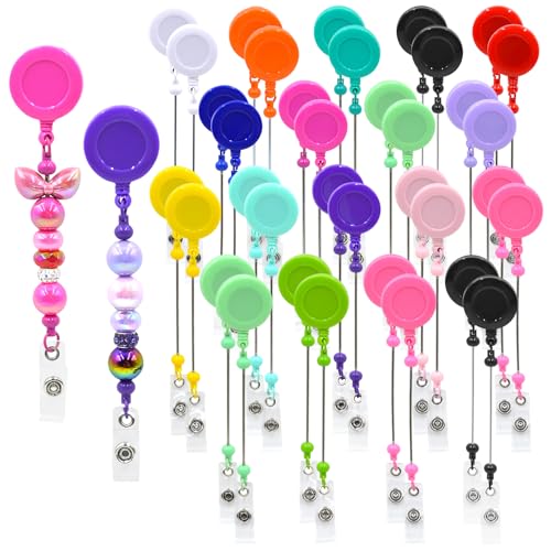 30pcs Colorful Beadable Badge Reels Making Kits - Beaded Blank Bars Bulk - Retractable Badge Reel with Belt Clip for ID Na...