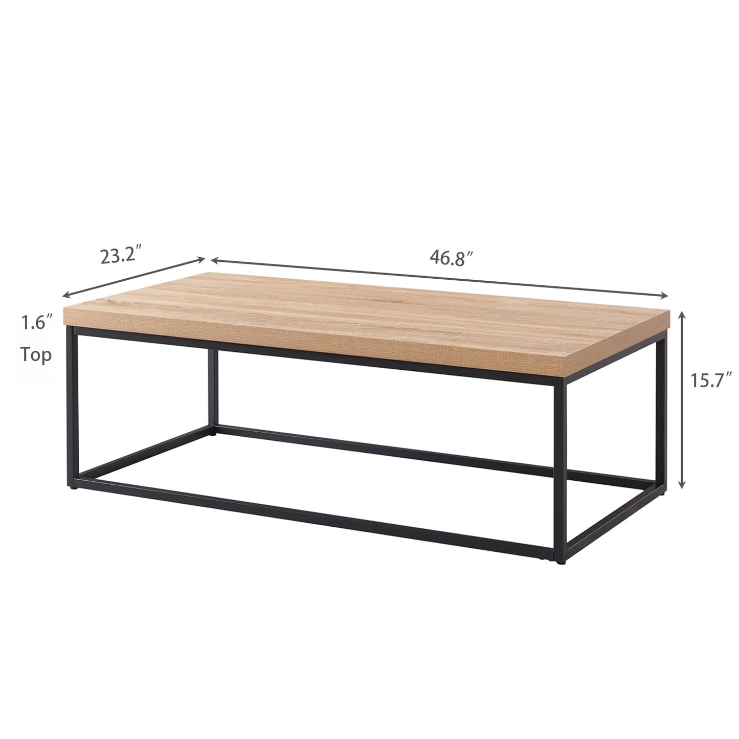 CENSI 47-Inch Natural Oak Coffee Table for Living Room, Modern Industrial Rectangular Wood and Metal Center Table with Extra Thick Tabletop (Natural Wood)
