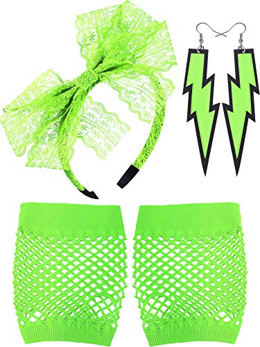 Blulu 80s Accessories for Women Lace Headband Neon Earrings Fishnet Gloves for 80s Retro Party Fancy Dress Masquerade