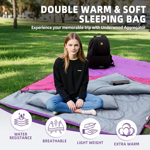 Double Sleeping Bag for Adults Kids - Lightweight 2 Person Sleeping Bag with Pillow, Queen Size Waterproof Camping Sack Tw...