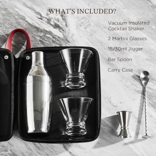 KITESSENSU Cocktail Shaker Set with Carry Case: Vacuum Insulated Martini Shaker with Built-in Strainer, 2 Martini Glasses,...