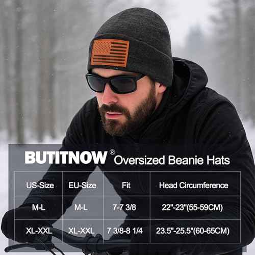 Oversize M/L/XL/XXL American Flag Beanie Hat - Merino Wool Beanie for Men Women, Fleece Lined Large Winter Hat