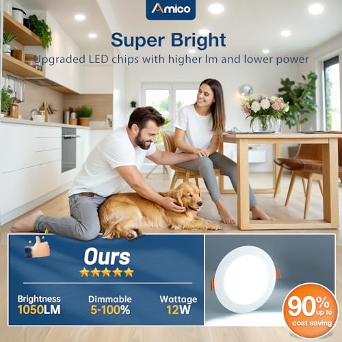 Amico 12 Pack 6 Inch 5CCT Ultra-Thin LED Recessed Ceiling Light with Junction Box, 1050LM Brightness, Dimmable Canless Waf...