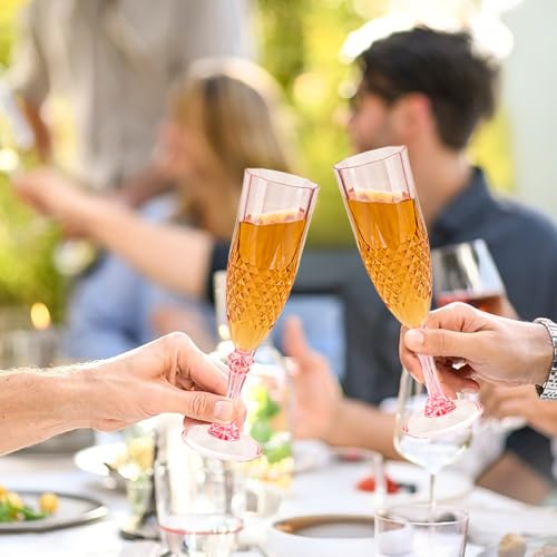 24PCS Plastic Champagne Flutes,7.1Oz Acrylic Pink Wine Glasses Goblets Reusable Drinking Champagne Glasses for Wedding ,Sh...