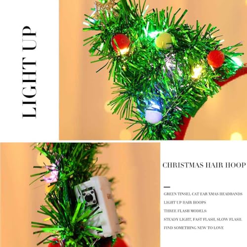 Fdesigner Light Up Christams Headband Green Xmas Hairbands Tinsel Cat Ear Headpiece LED Star Head Bands Holiday Glowing He...
