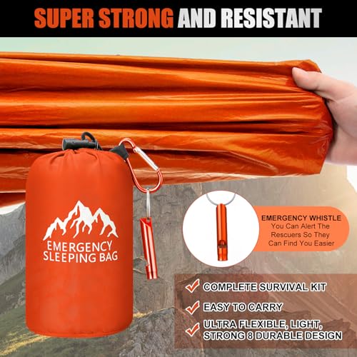 Oudain 6 Pcs XL Emergency Sleeping Bag 94.5" x 49.2" Waterproof Survival Sleeping Bag with Whistle Carabiner Portable Ther...