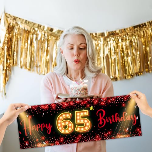 Red Happy 65 Birthday Party Photo Booth Props,Cheers to 65 Years Old Handheld Portable Backdrop Banner,Red and Black 65th ...