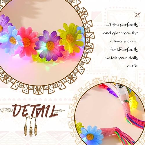 JONKY Light Up Daisy Headband Rainbow Hippie Flower LED Headbands Tassel Floral Headpiece Rave Hair Accessories for Women