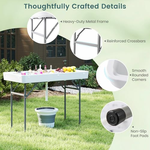 COSTWAY 46” Cooler Table, Folding Ice Table for Parties with Drain, Foldable Bucket & Removable Skirt, Ideal for Tailgate,...