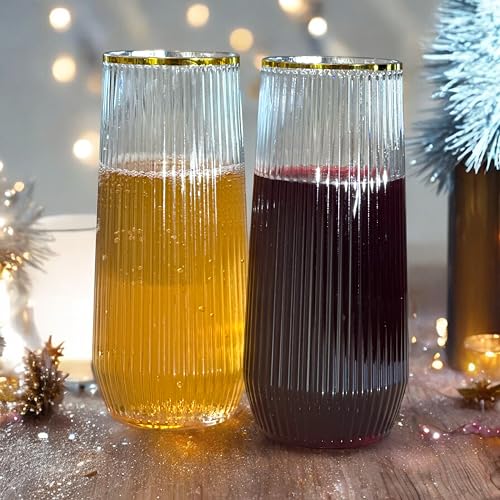 48 Pack Ribbed Origami Ripple Plastic Glasses, 24 9 Ounce Stemless Champagne Flutes & 24 12 Ounce Cups, BPA-Free Disposabl...