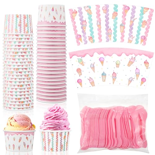 Gerrii 100 Set Ice Cream Cups with Spoons 8oz Ice Cream Bar Supplies Colorful Disposable Dessert Cups Sundae Containers De...