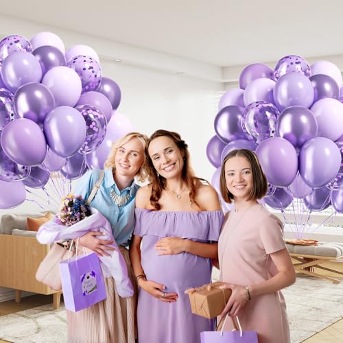 60pcs Lavender Balloons 12inch, Light Purple Balloons with Pastel Metallic Pearl Purple Confetti Balloons for Birthday Bab...