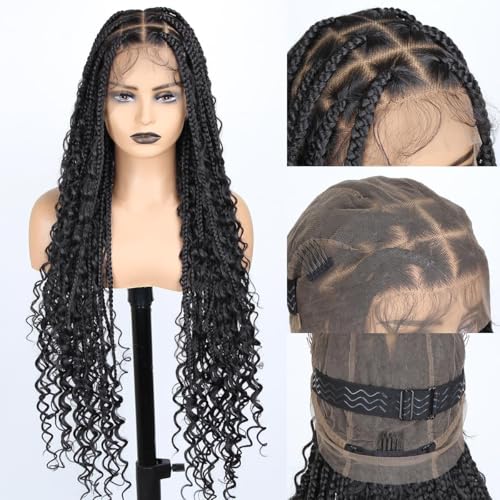 36 inch Knotless Boho Box Braid Wigs, 360 Single Full Lace Braided Curly Wigs for Black Women, Synthetic Black Braided Lace Wig