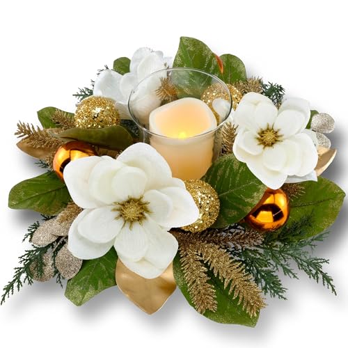 18" Centerpiece with Flameless LED Candle Holder, Design with White Artificial Magnolia, Gold Baubles & Spruce Branches fo...