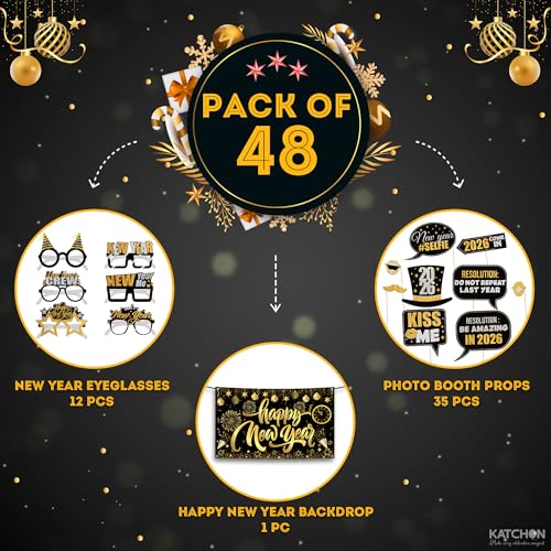 KatchOn, New Years Eve Party Supplies 2026 Set - Pack of 48 | Black and Gold Happy New Year Banner, New Year Photo Booth P...