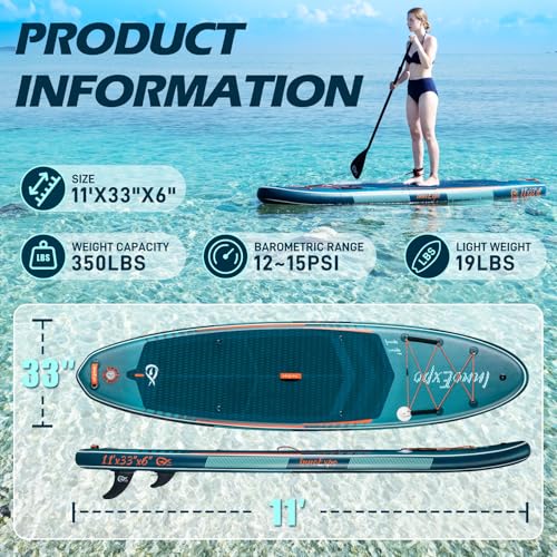 InnoExpo 11' Inflatable Stand Up Paddle Boards with Premium Accessories, Wide Stable SUP Paddle Board Design, Non-Slip Com...