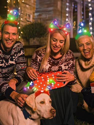 HOVACY Christmas Light Up Headband, Reindeer Antler Santa Hat Christmas Tree Hat Bow HairHoop Xmas Party Favors Decorations