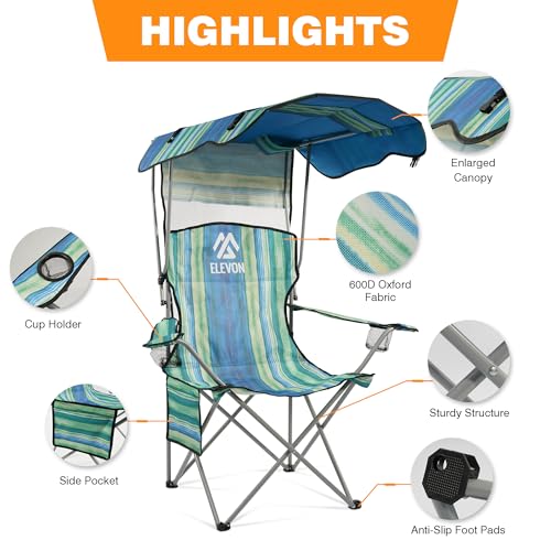 Elevon Camping Chair, Oversized Folding Chair with Canopy, Portable Outdoor Chair with Arms, Cup Holder and Carry Bag for ...