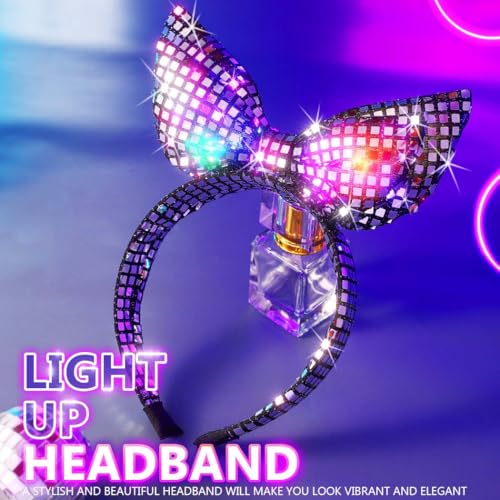 GENBREE Light Up Bow Headband Silver Led Disco Hair Band Glowing Rave Party Costume Hair Accessories for Women