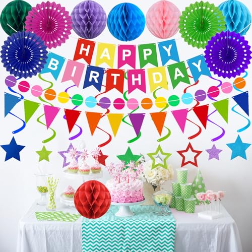 Birthday Decorations Colorful Happy Birthday Banner Paper Fans Honeycomb Balls Hanging Swirl Stars Triangles Dots Garland ...
