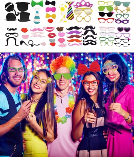 80pcs Large Gorgeous Photo Booth Props Set Birthday Party Accessories Kit Includes Clown Wig Foil Tinsel Wig Rock Headband...