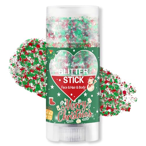 Christmas Body Glitter Stick, Waterproof Halloween Face Glitter Gel, Chunky Glitter Face Paint, Green Red White Sequin Hai...