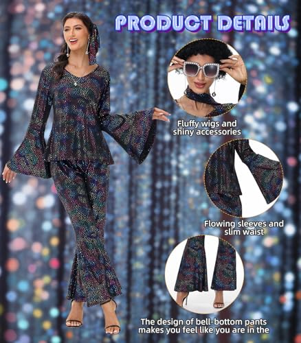 70s Disco Costume for Women - 1970s Disco Outfit with Wig, Earrings, glasses, Necklace, Headband, Sequin Top & Bell Bottoms