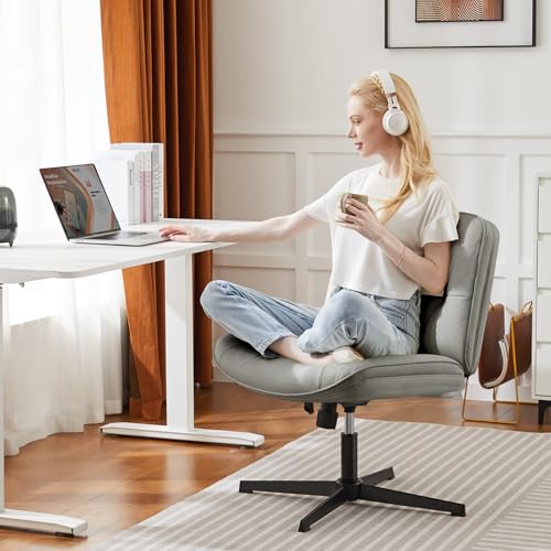 OLIXIS Criss Cross Chair Without Wheels, Cross Legged Office Chair, Armless Wide Vanity Desk Chair with Comfy PU Leather& ...