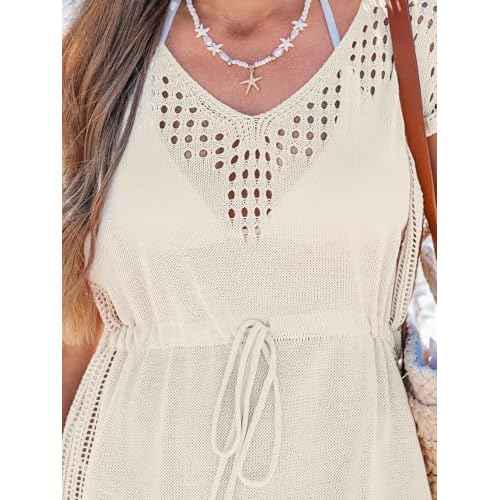 CUPSHE Women Crochet Swim Coverups Short Sleeve Drawstring Beach Coverups Dress