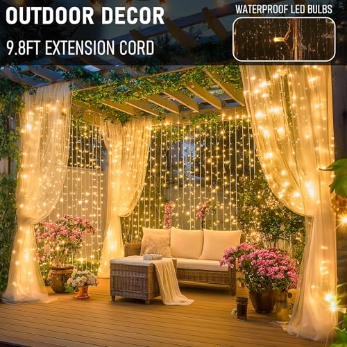 Dazzle Bright 300 LED Curtain Lights, Plug in Fairy Curtain Lights for Bedroom, Christmas Hanging String Lights Outdoor fo...