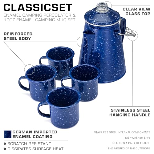COLETTI Classic Enamel Set Coffee Percolator & Mugs — The Most Nostalgic Camping Coffee Pot, Now Modernized [Blue Enamel, ...