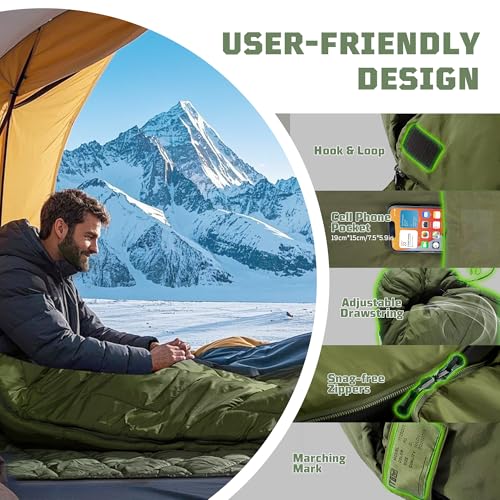 Sleeping Bags for Adults, 34°F to 43°F Ultralight Warm Cold Weather Sleeping Bag for Camping, Backpacking, Hiking, Huntin...