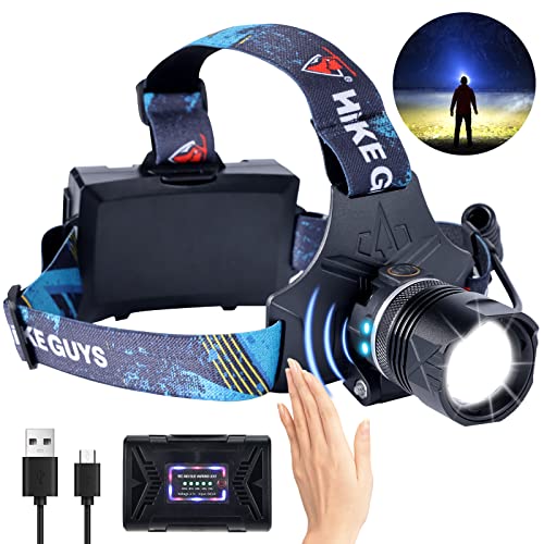 LED Rechargeable Headlamp, Headlight 1500 Lumens Super Bright with 6 Modes & IPX5 Warning Light, Motion Sensor Adjustable ...