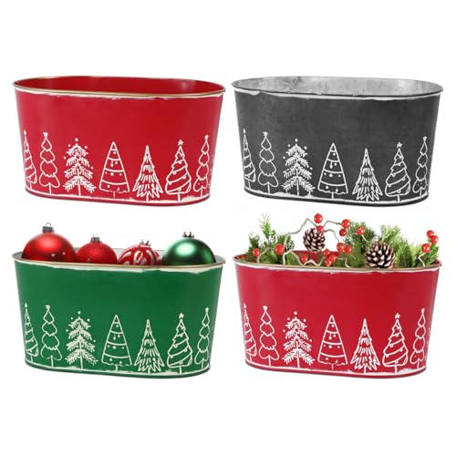 Putuo Decor 4 Packs Christmas Oval Metal Ice Buckets, Christmas Decorations Galvanized Storage Beverage Tubs Tin Bucket Pa...