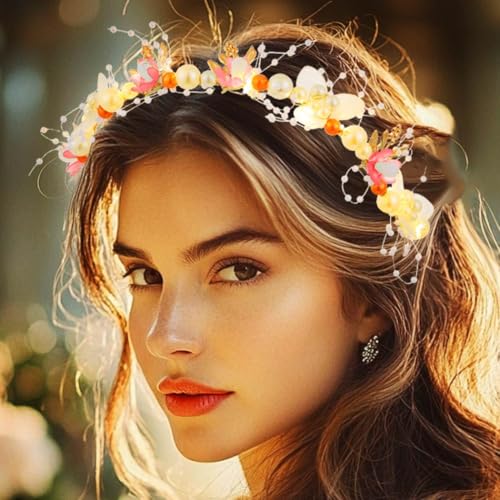 Zehope Light Up Flower Wedding Headbands LED Pearl Floral Headpiece Princess Bridal Hair Accessories for Women