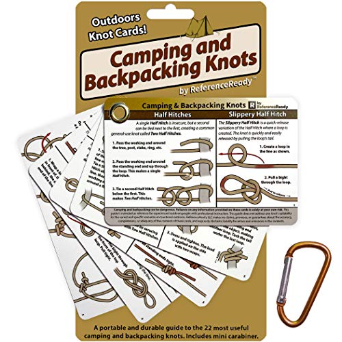 ReferenceReady Outdoor Knots - Waterproof Knot Tying Cards with Mini Carabiner - Includes 22 Rope Knots for Camping, Backp...