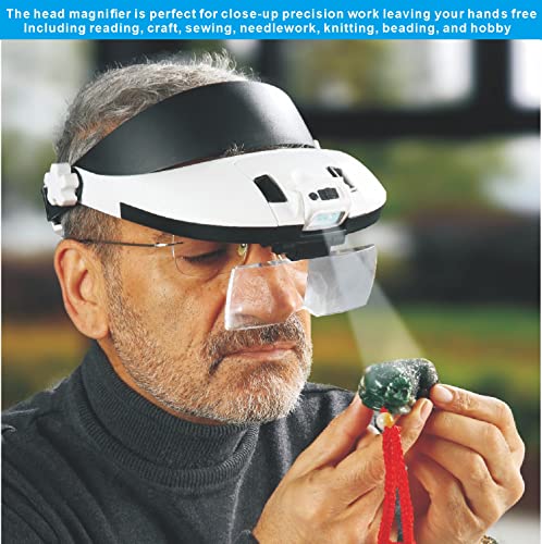 AmsOpto Large Lens Head Magnifier Headband Magnifying Glass with Light Hands free 8 LED Magnifier with White and Yellow Li...